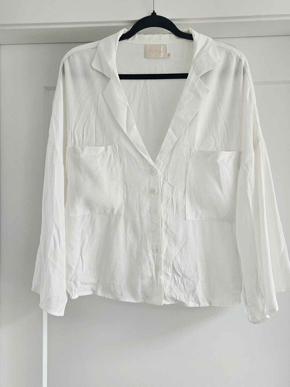 Sancia Relaxed White Button-Front Pocket Shirt Bell Sleeve Oversized Small